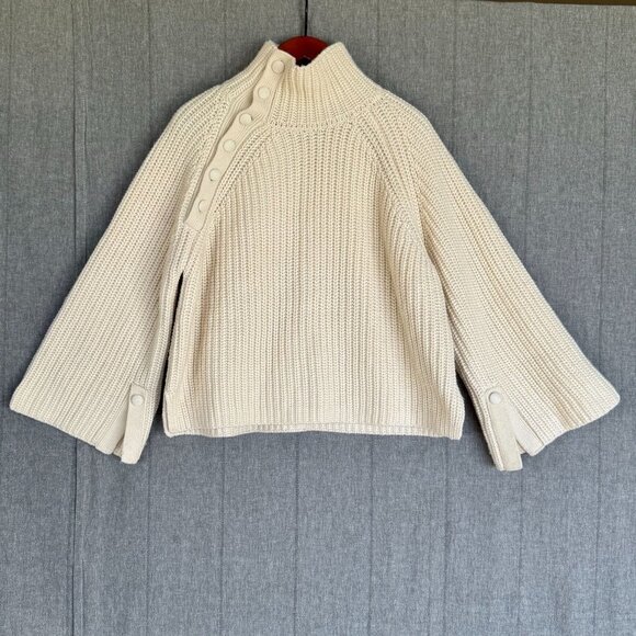 Zara Collection Ivory Chunky Rib Knit Bell Sleeve Mock Neck Sweater Size Medium - Picture 1 of 13
